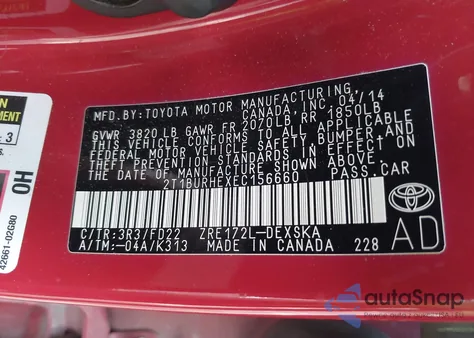 2014 Toyota Corolla S Plus from USA, damaged, VIN 2T1BURHEXEC156660